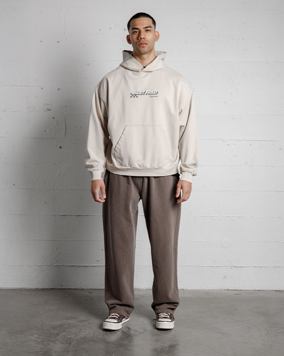BEST FRED CHECKER DISTRESSED HOODIE - SAND