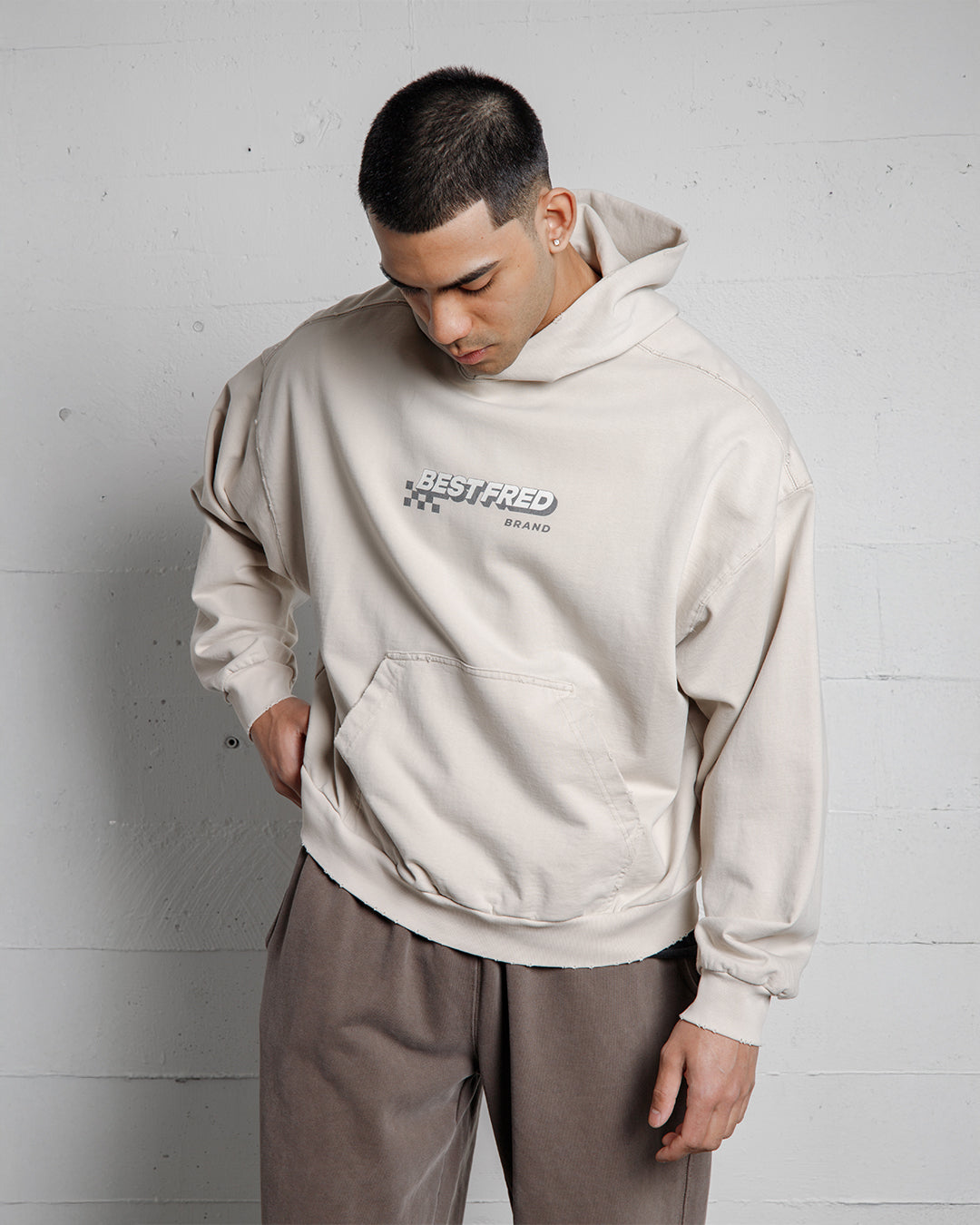 BEST FRED CHECKER DISTRESSED HOODIE - SAND