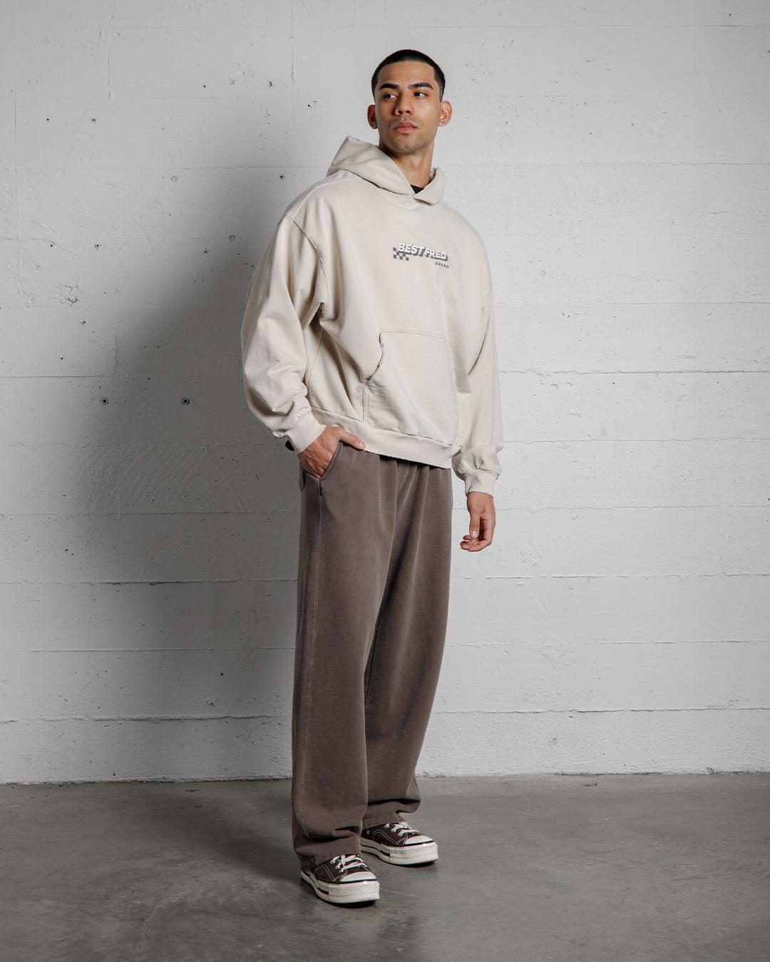 BEST FRED CHECKER DISTRESSED HOODIE - SAND