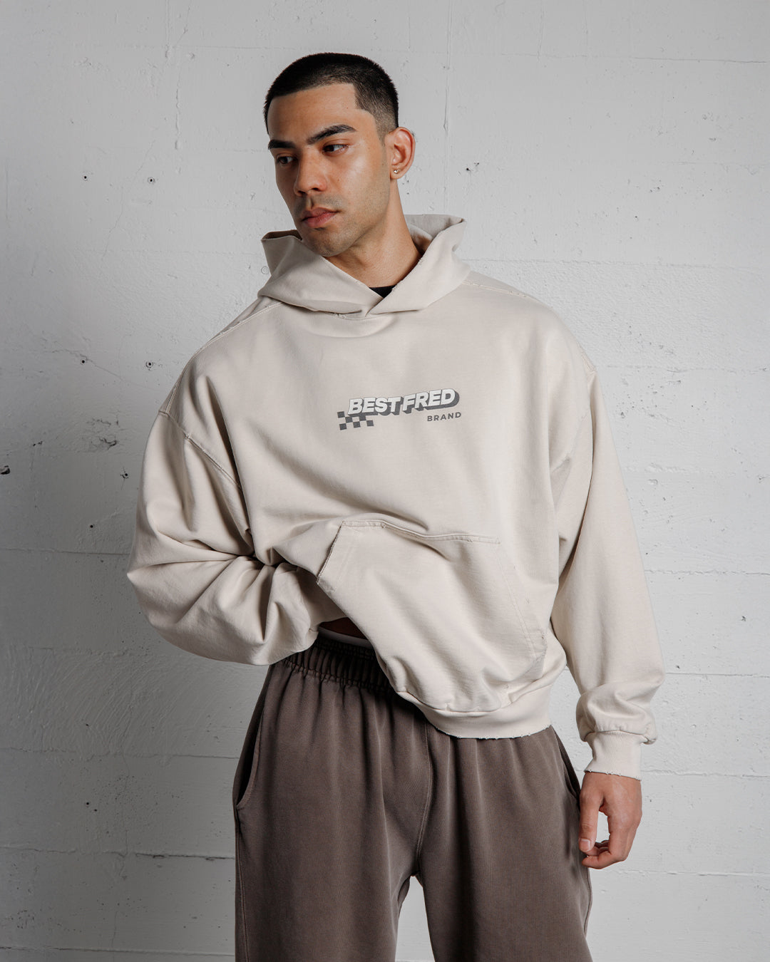 BEST FRED CHECKER DISTRESSED HOODIE - SAND