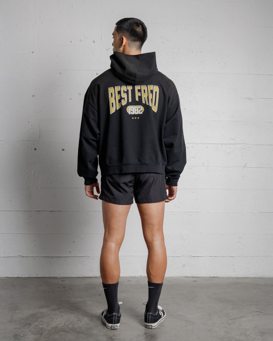 BEST FRED VARSITY DISTRESSED HOODIE - BLACK