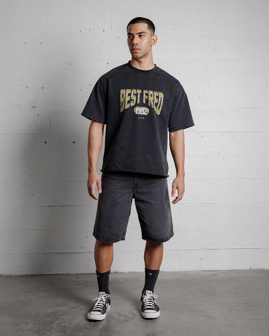 BEST FRED VARSITY VINTAGE TEE FRONT - WASHED BLACK