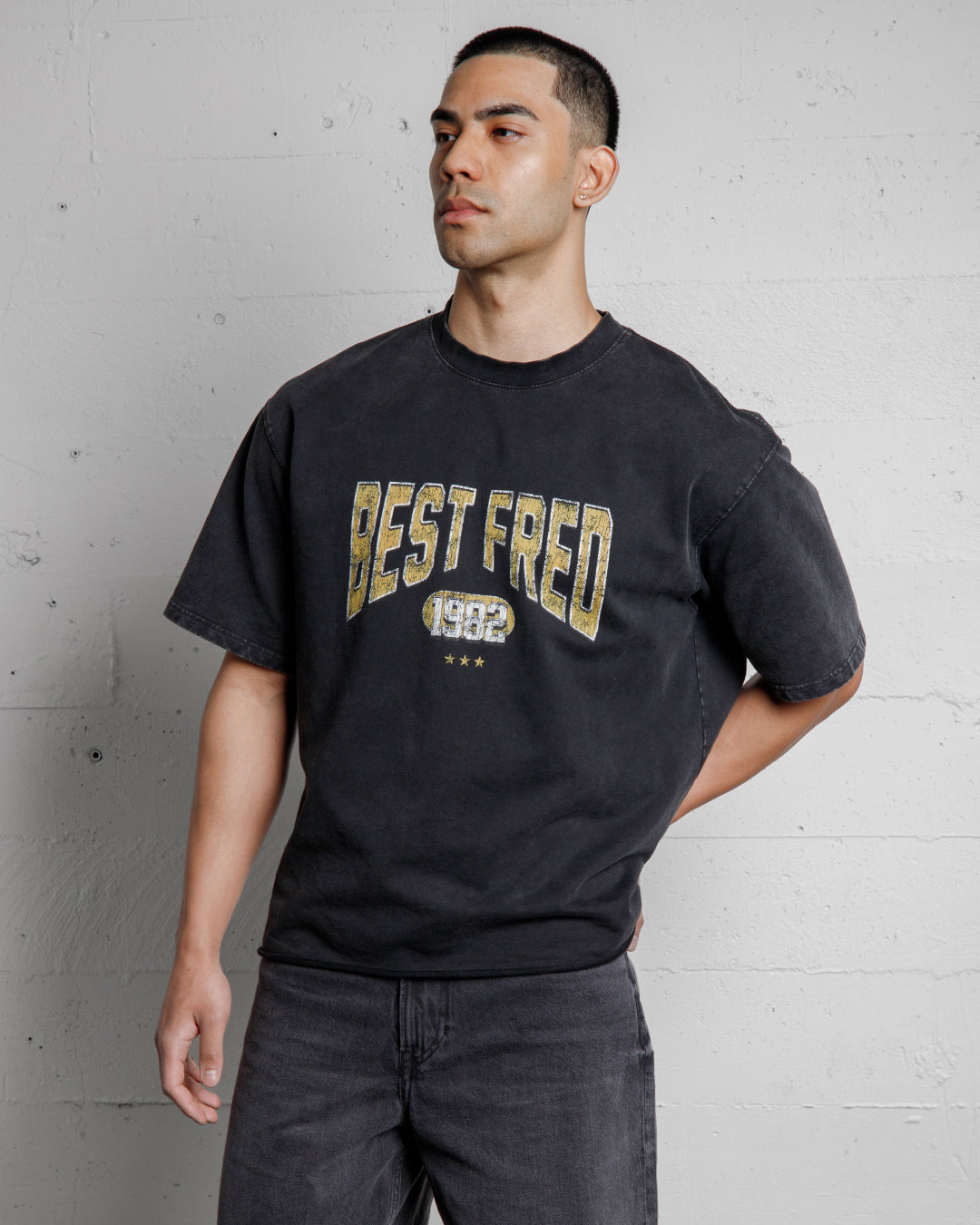 BEST FRED VARSITY VINTAGE TEE FRONT - WASHED BLACK