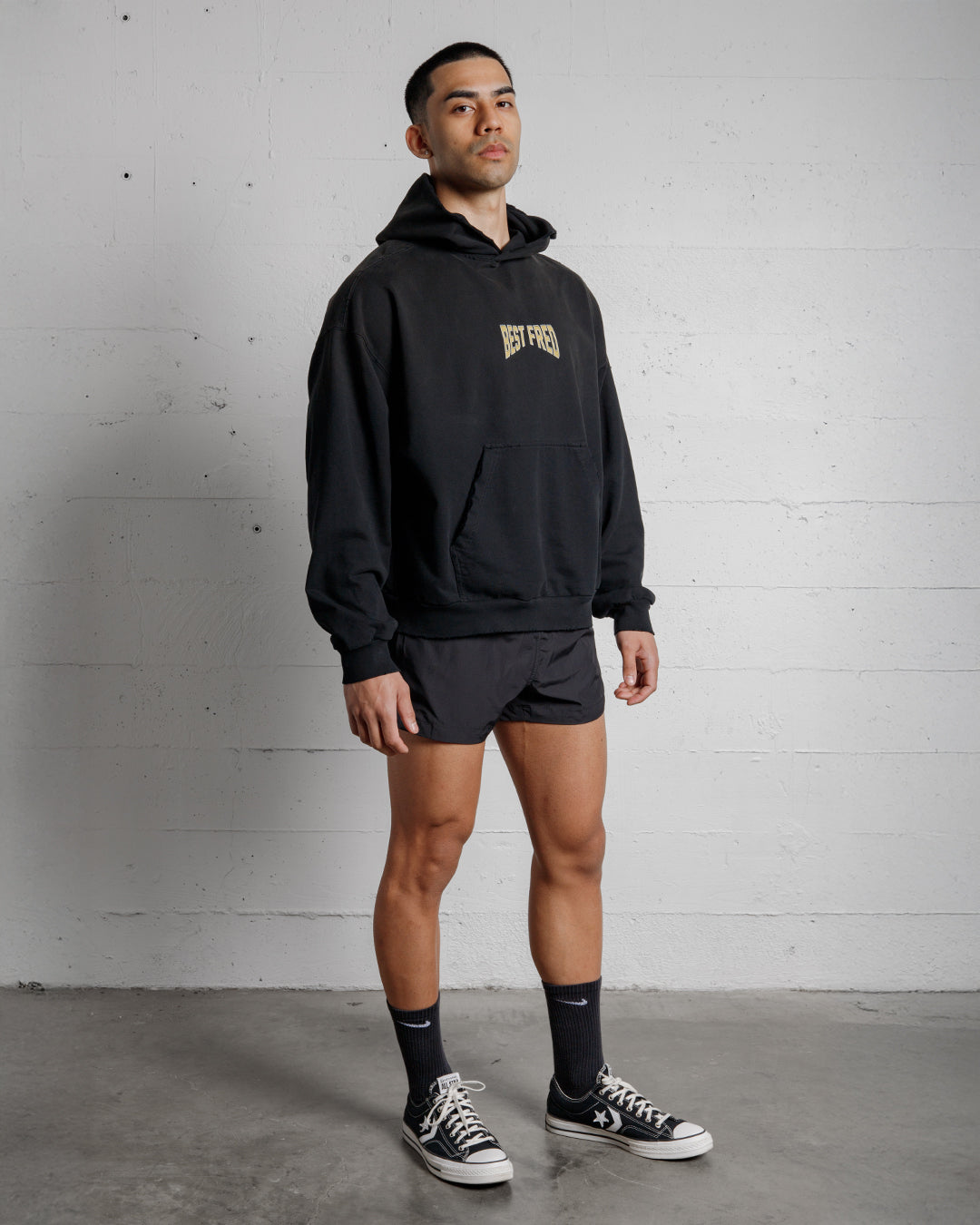 BEST FRED VARSITY DISTRESSED HOODIE - BLACK