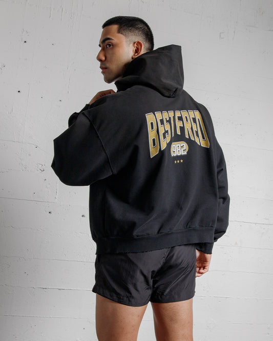 BEST FRED VARSITY DISTRESSED HOODIE - BLACK