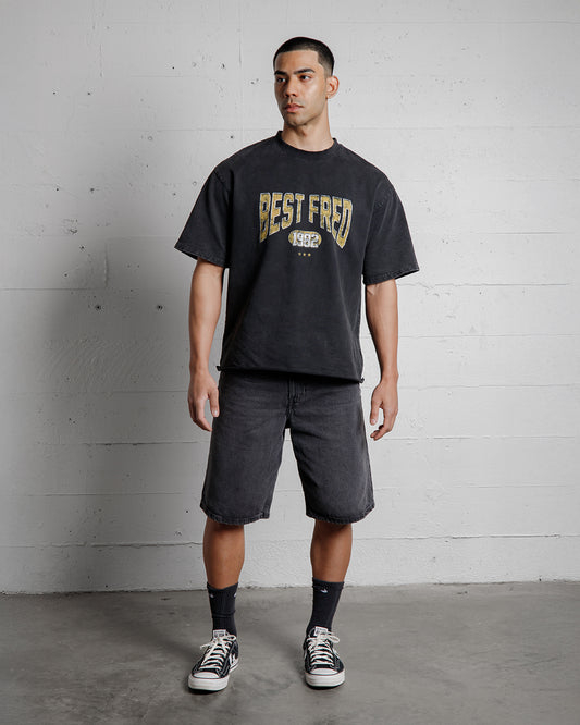 BEST FRED VARSITY VINTAGE TEE FRONT - WASHED BLACK